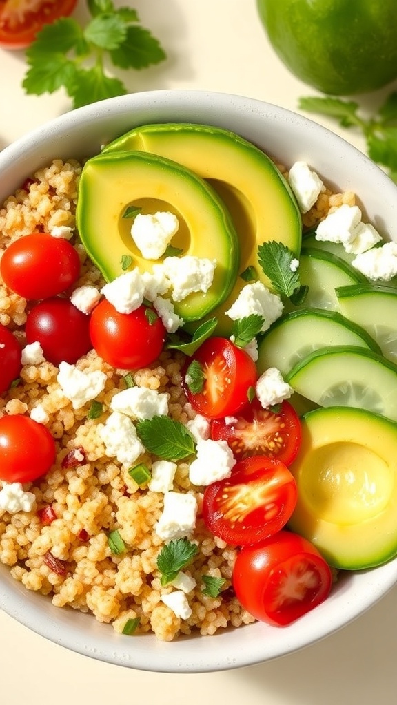 A colorful avocado quinoa bowl with quinoa, avocado, cherry tomatoes, cucumber, and feta cheese on a light background.